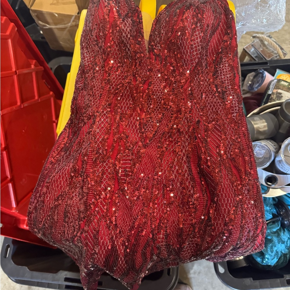 Splash Burgundy Sequin Strapless Prom Dress